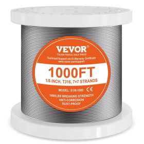VEVOR T316 Stainless Steel Cable 1/8" 7x7 Steel Wire Rope 1000 ft Cable Railing