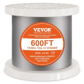 VEVOR T316 Stainless Steel Cable 1/8" 7x7 Steel Wire Rope 600 ft Cable Railing
