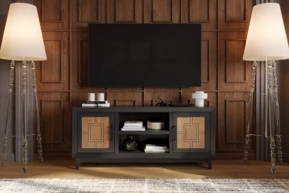 Bridgevine Home Ventura 65 inch TV Stand for TVs up to 75 inches, No Assembly Required, Black and Bourbon Finish