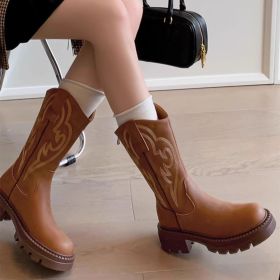 Autumn new women's casual leather shoes Martin boots high top shoes Student shoes fashion trend women's boots (Color: yellow, size: 35)