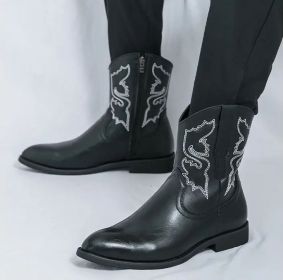 Men's autumn new midtube zipper embroidered western boots high top leather shoes 38-46 (Color: Black, size: 44)