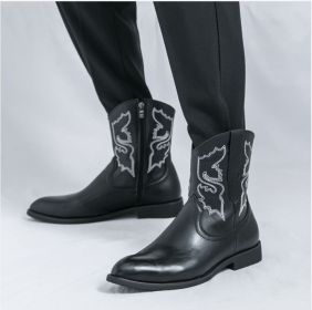 Men's autumn new midtube zipper embroidered western boots high top leather shoes 38-46 (Color: Black, size: 41)