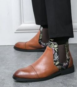 Autumn new men's Chinese style Chelsea boots Fashion personality trend embroidered leather boots for men (Color: Brown, size: 44)
