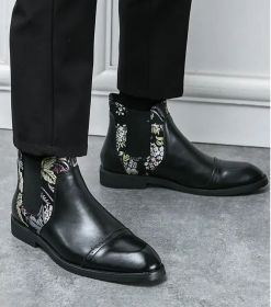 Autumn new men's Chinese style Chelsea boots Fashion personality trend embroidered leather boots for men (Color: Black, size: 44)