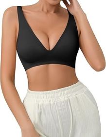 SHARICCA Pro Seamless Bra for women Deep V Neck WireFree Bra Adjustable Strap Comfort Sleep Bra Removable Padded Bralette (Color: Black, size: XL)