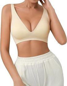 SHARICCA Pro Seamless Bra for women Deep V Neck WireFree Bra Adjustable Strap Comfort Sleep Bra Removable Padded Bralette (Color: Beige, size: S)