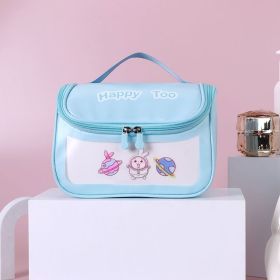 Custom logo wholesale travel waterproof happy too cosmetic bag pu pvc hanging clear washbag with visible window (Color: Blue)